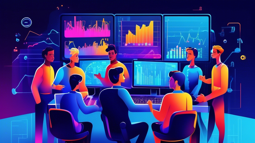 A vibrant illustration showing a group of diverse investors, both beginners and experts, gathered around a computer screen that displays a sophisticated co