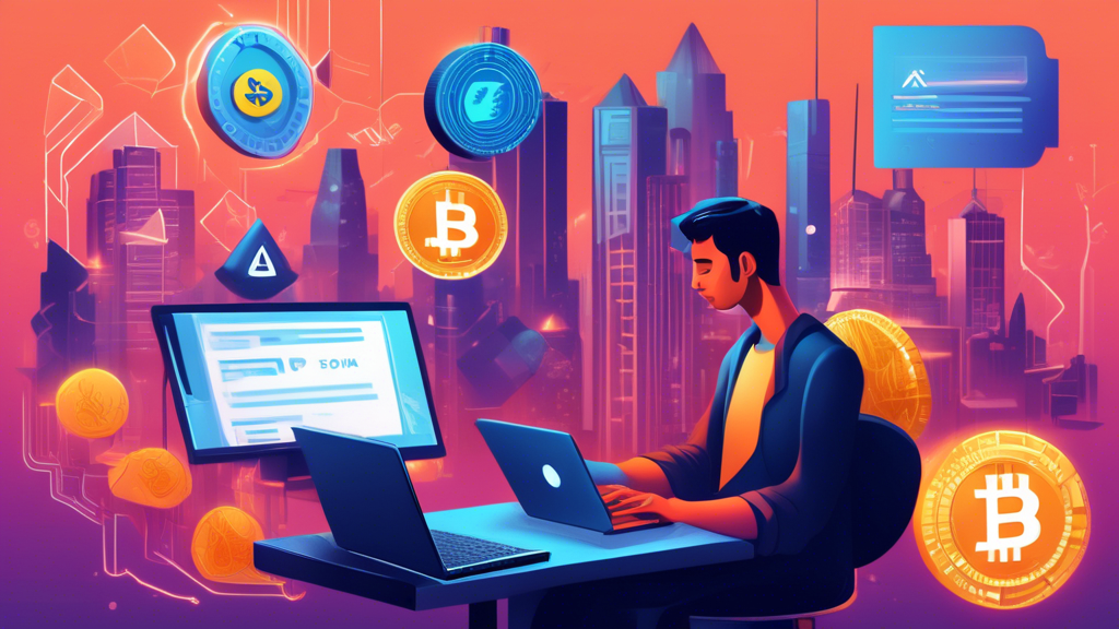 A detailed illustration showing multiple scenes: a person receiving a suspicious email about a too-good-to-be-true cryptocurrency investment, another perso