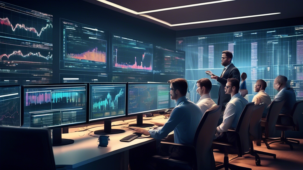 A high-tech financial trading office with multiple computer screens displaying real-time charts and graphs. Traders are seen analyzing data and copying tra